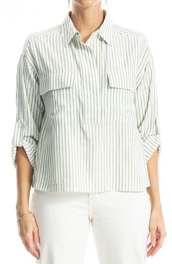 Max Studio Grid Print Roll Sleeve Popover Shirt In Off White Green Alt Stripe