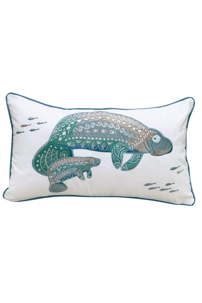 Seaglass Manatee Embroidered Indoor/Outdoor Accent Throw Pillow Decor, Main, color, Blue
