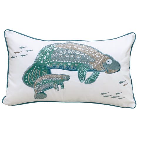 Seaglass Manatee Embroidered Indoor/Outdoor Accent Throw Pillow Decor