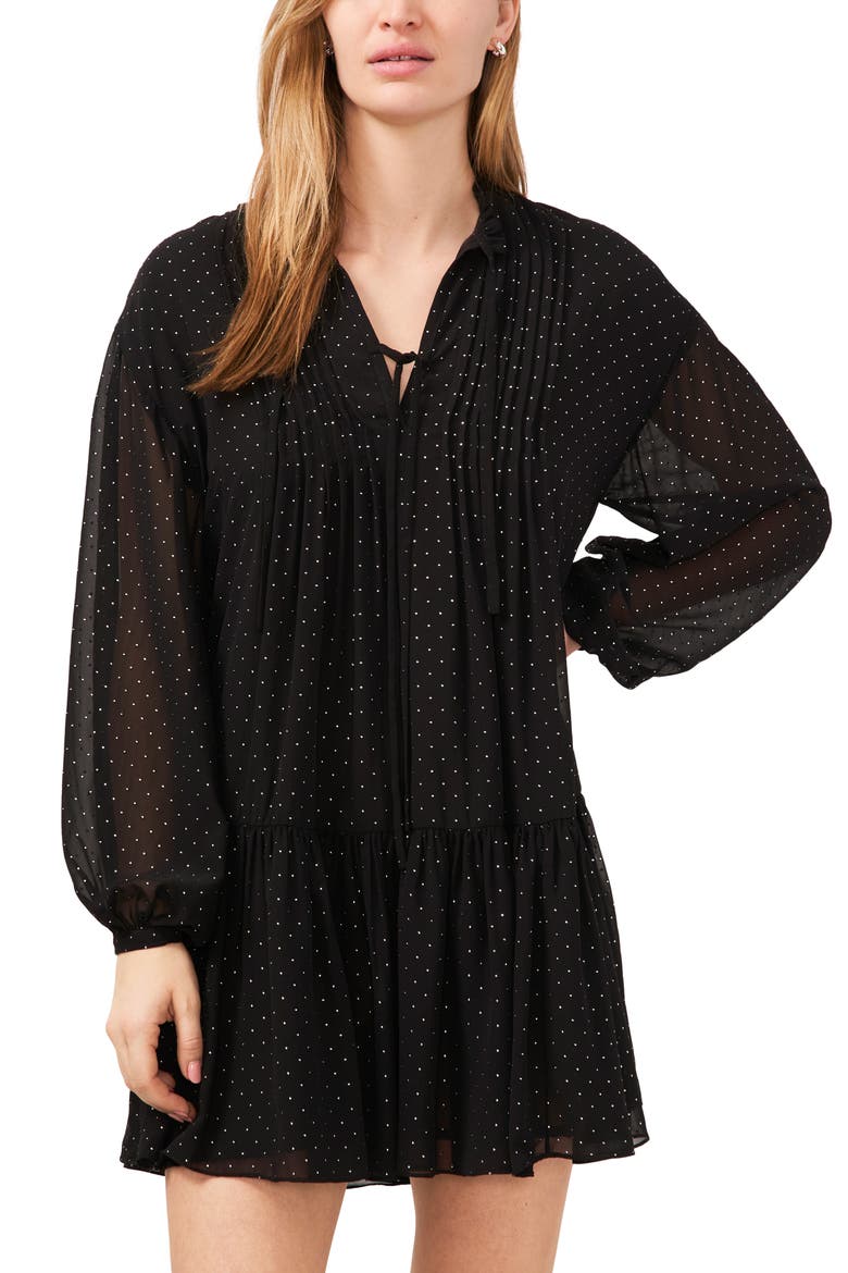 Dot Print Pintuck Pleat Long Sleeve Minidress, Alternate, color, RICH BLACK