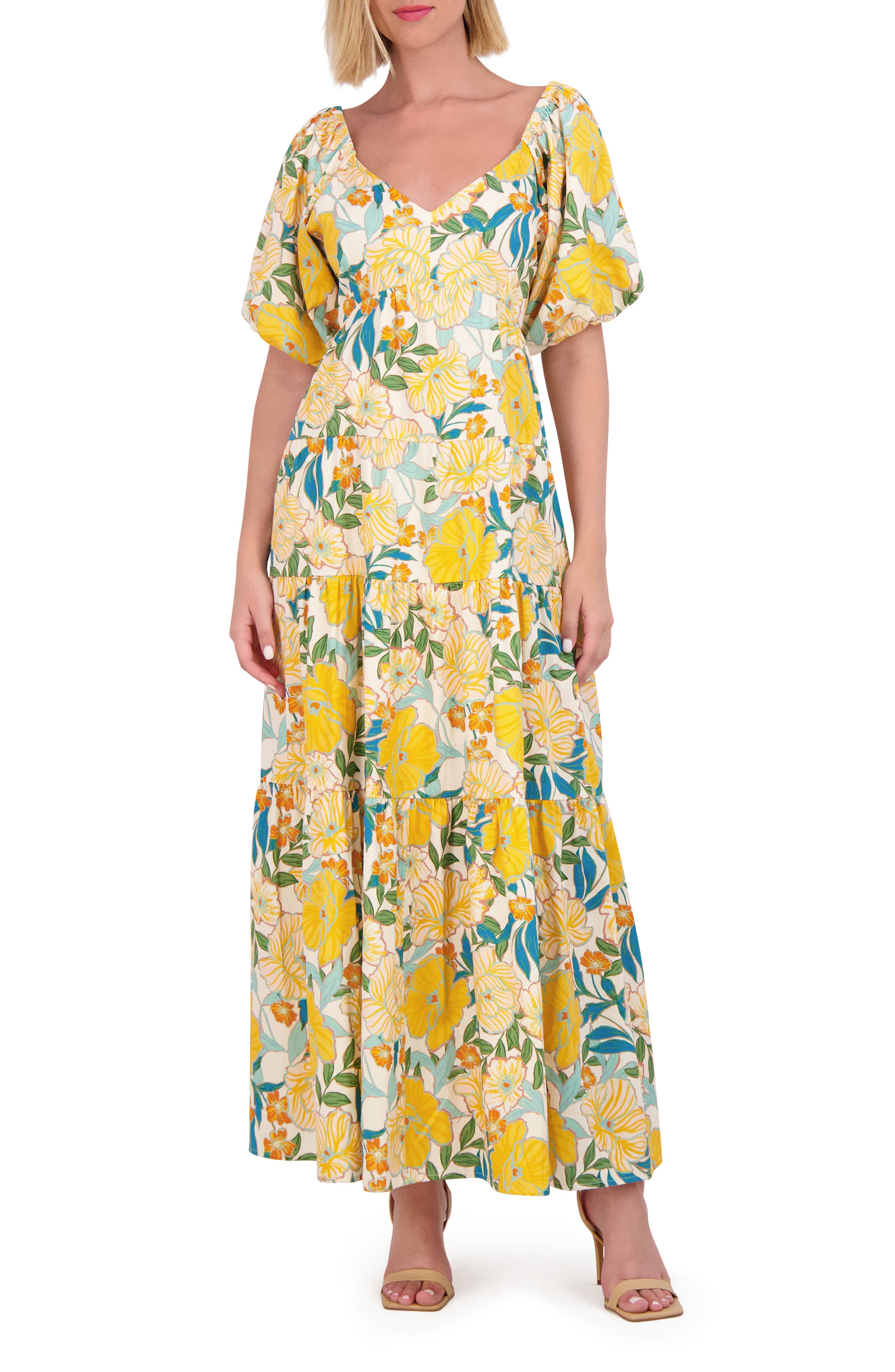 Vince Camuto Floral Puff Sleeve Open Back Maxi Dress
