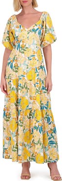 Vince Camuto Floral Puff Sleeve Open Back Maxi Dress
