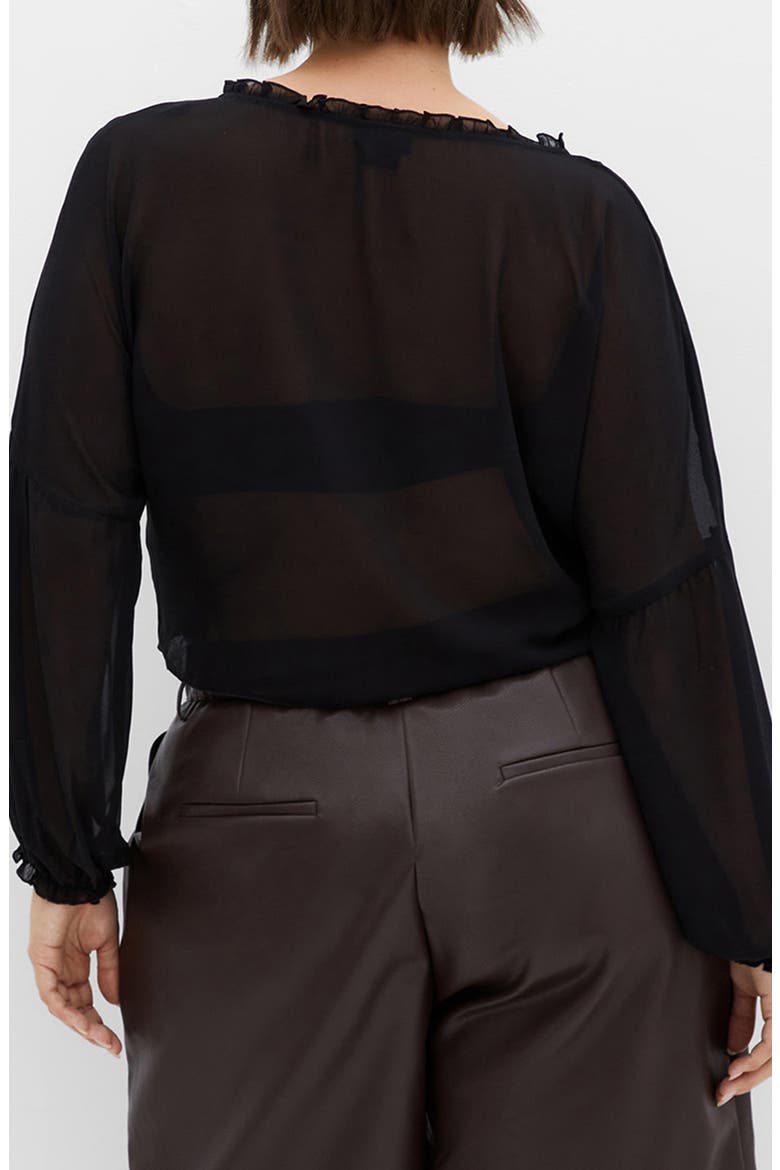 Corina Ruffle Trim Sheer Tie Neck Top, Alternate, color, BLACK