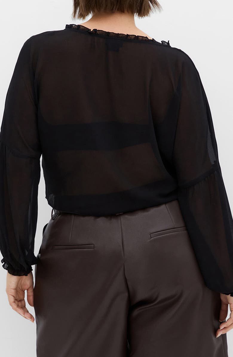 City Chic Corina Ruffle Trim Sheer Tie Neck Top, Alternate, color, Black