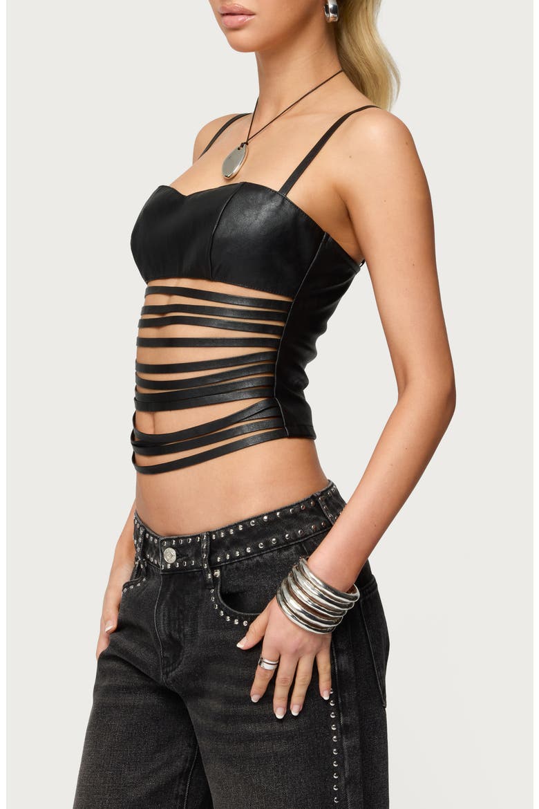 Shredded Faux Leather Bustier Top, Alternate, color, BLACK