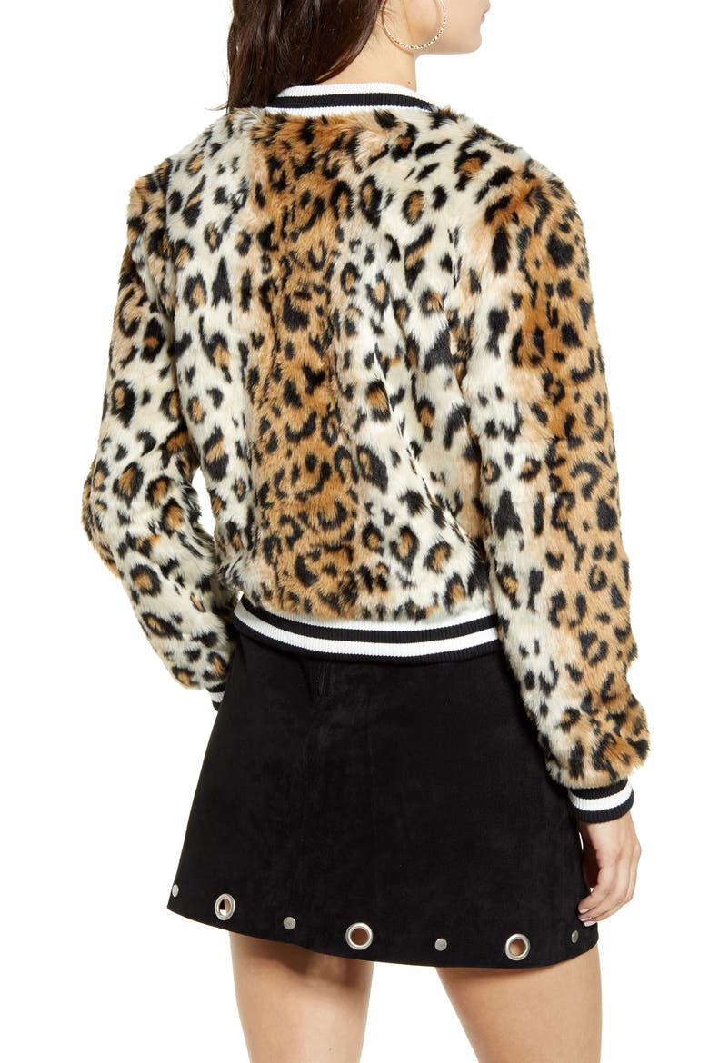 Leopard Faux Fur Bomber Jacket, Alternate, color, BLACK
