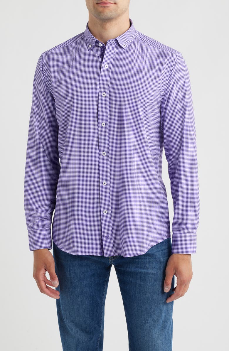 Johnston & Murphy XC+<sup>™</sup> Performance Game Day Gingham Button-Down Shirt, Main, color, Purple