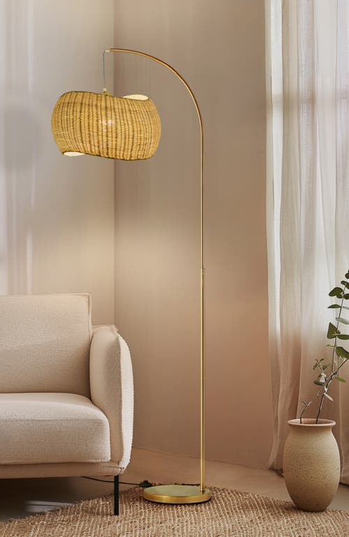 Brightech Wave 81' Pendant Led Unique Arc Floor Lamp With Rattan-style Wicker Shade In Antique Brass
