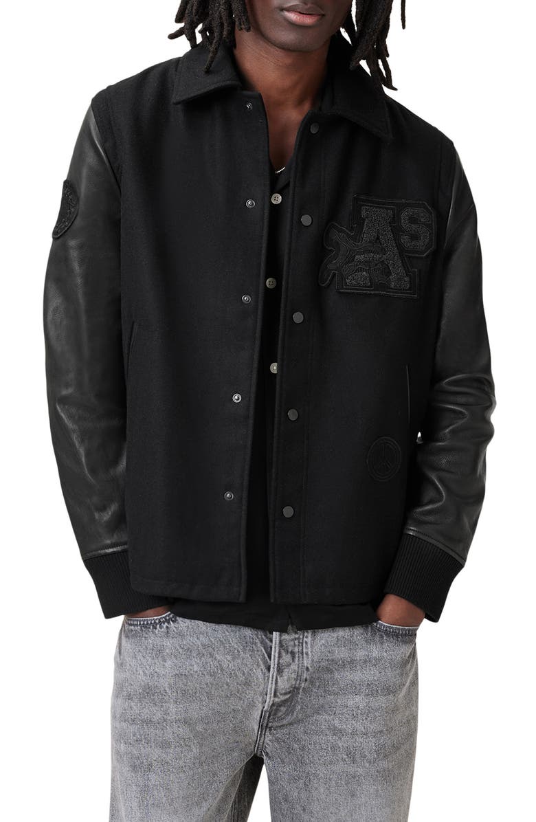 AllSaints Warrenton Wool & Leather Bomber Jacket, Main, color, 
