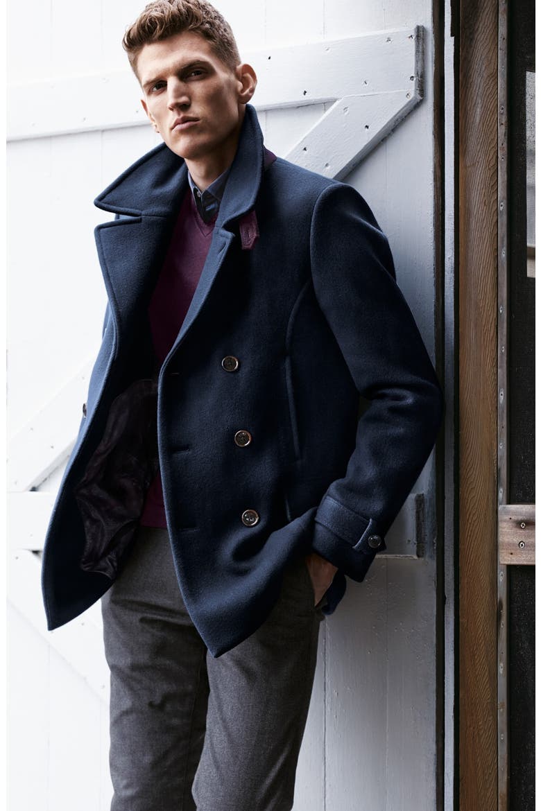 'Ossain' Herringbone Double Breasted Peacoat, Alternate, color, NAVY