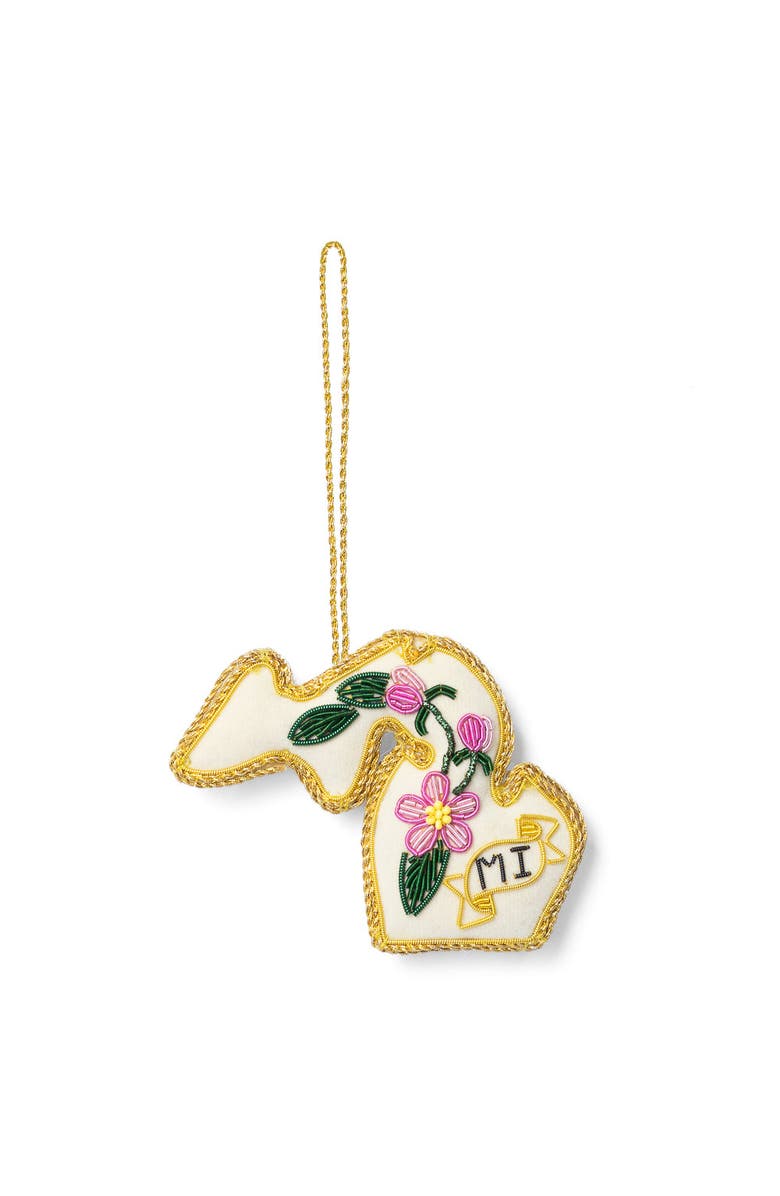 Matr Boomie Michigan State Apple Blossom Beaded Fabric Ornament - Embroidered, Main, color, Cream