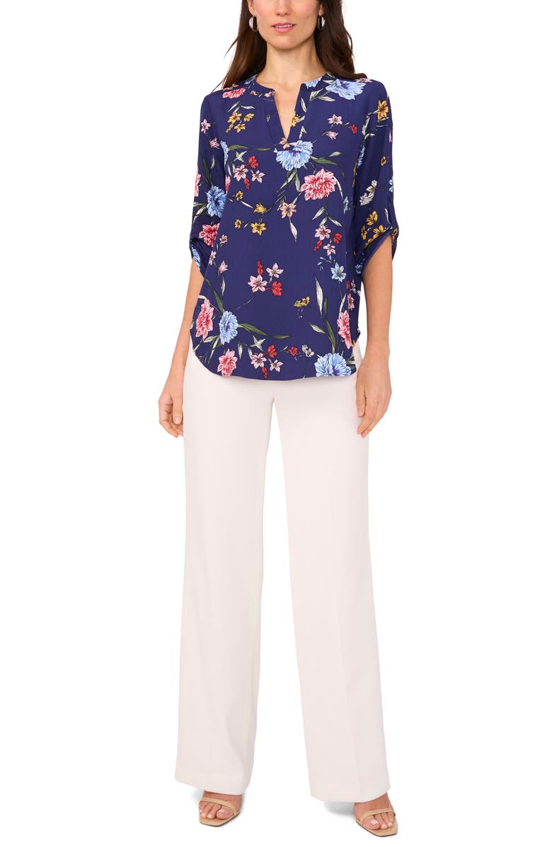 Chaus Floral Print Roll Tab Top, Alternate, color, Navy Floral