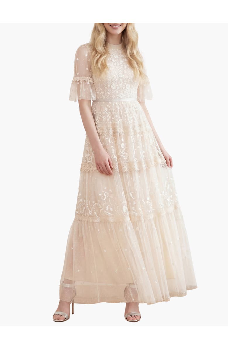 Needle & Thread Midsummer Lace Round Neck Dress, Main, color, Champagne