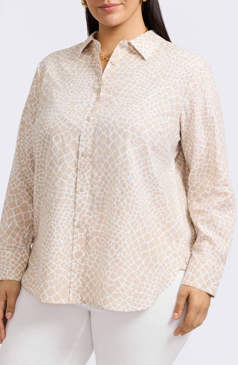 Foxcroft Meghan Giraffe Print Linen Blend Button-Up Shirt, Main, color, Flax/ White