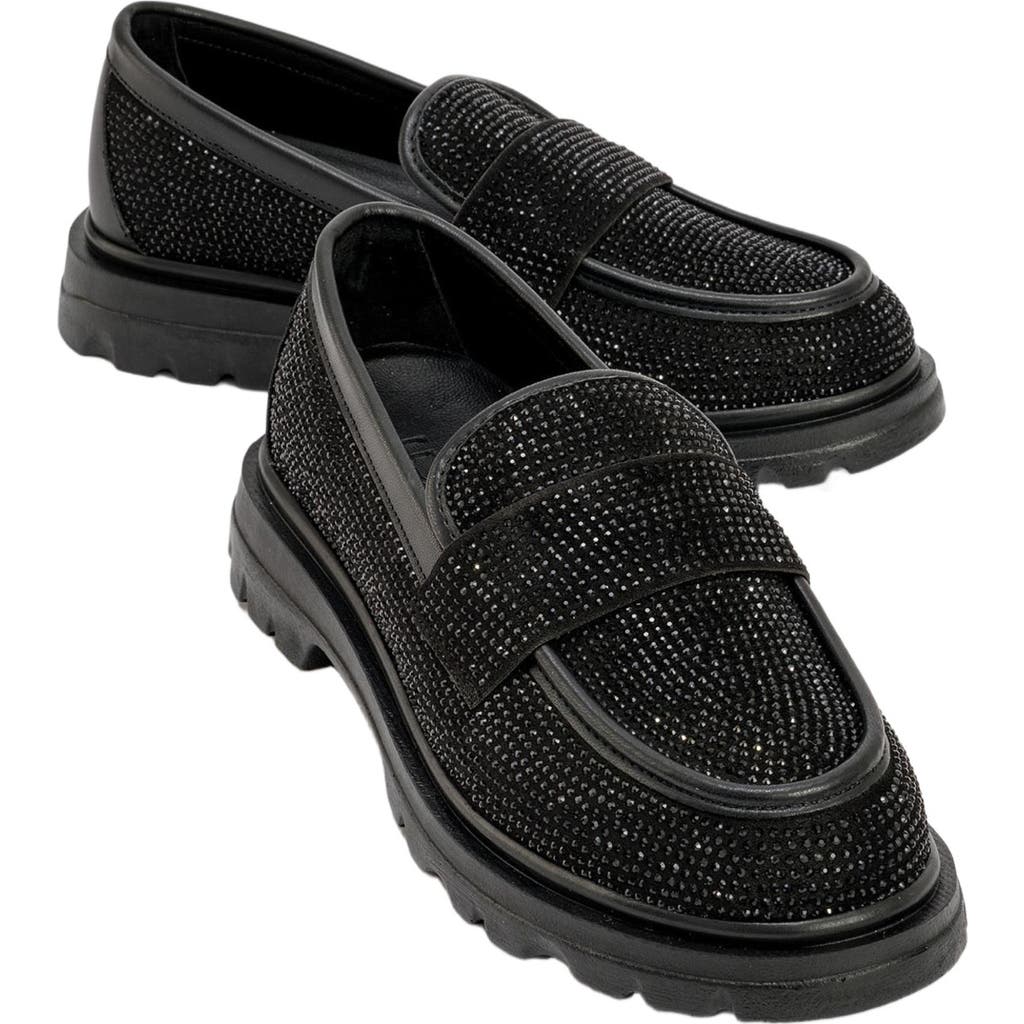 Prologue Shoes Babel Stone Embellished Suede Loafer in Black Faux Leather  product
