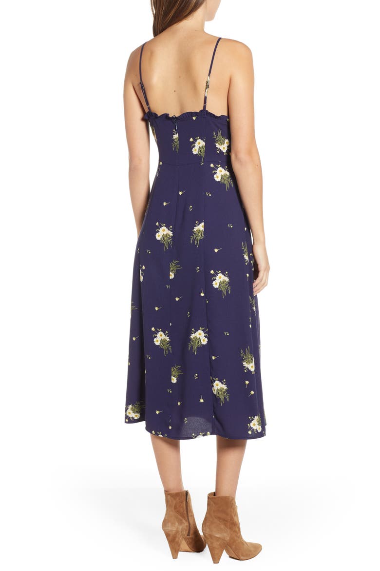 Ruffle Trim Floral Print Midi Dress, Alternate, color, NAVY EVENING DAISY