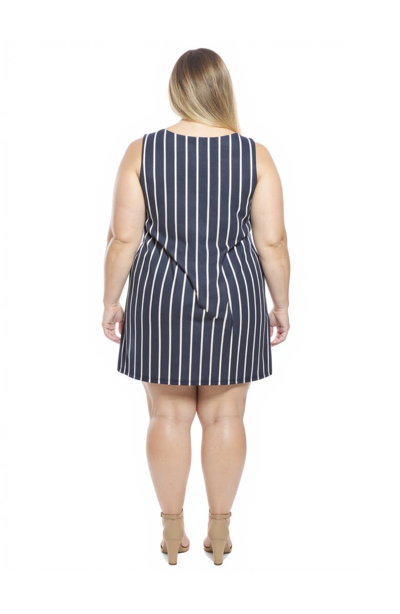 24seven Comfort Apparel Plus Size Striped Round Neck Sleeveless A-Line Mini Shift Dress, Alternate, color, Navy Multi