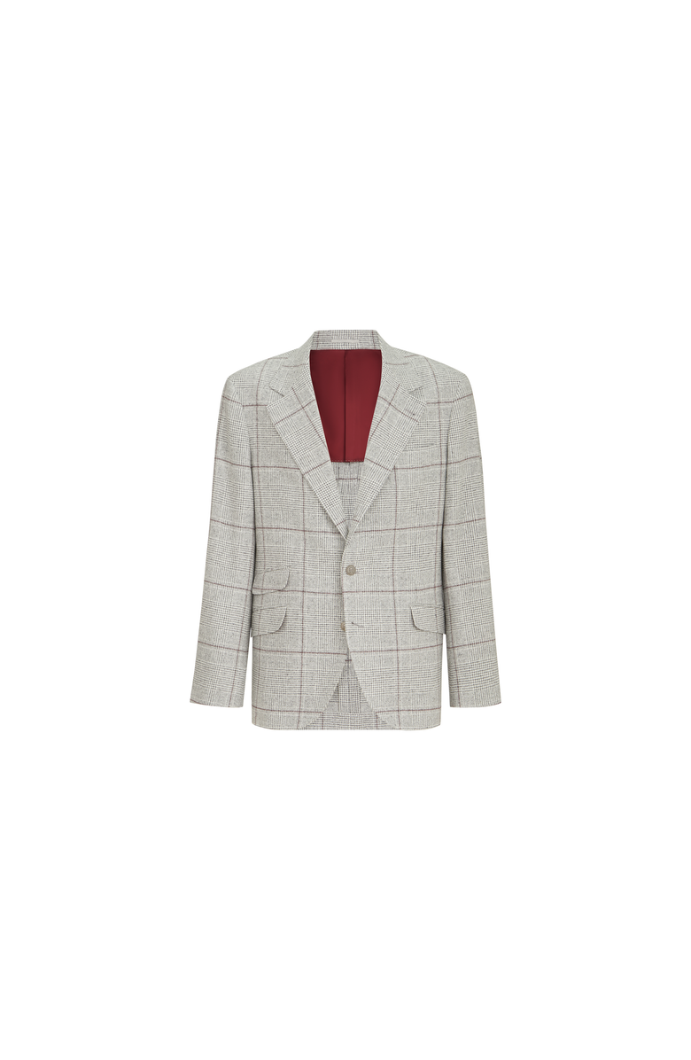 Brunello Cucinelli Silk, wool and cashmere Prince of Wales flannel deconstructed Cavallo blazer with metal buttons, Alternate, color, Grey