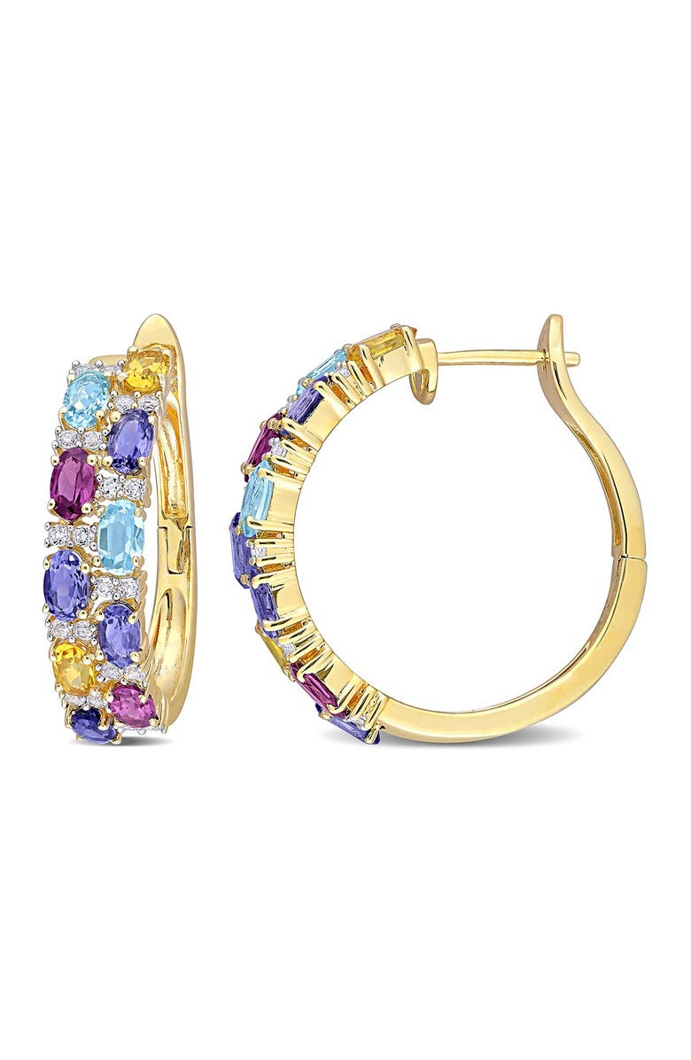 DELMAR 18K Yellow Gold Plated Sterling Silver Multi-Gemstone 28.5mm Hoop Earrings, Main, color, Multicolor