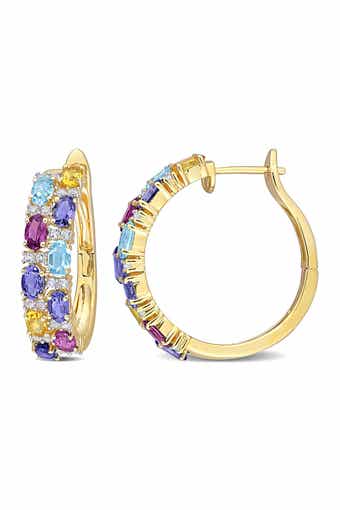 18K Yellow Gold Plated Sterling Silver Multi-Gemstone 28.5mm Hoop Earrings