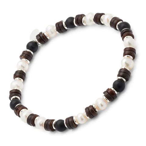 Freshwater Pearl And Black Agate Beaded Bracelet With Silver Spacers