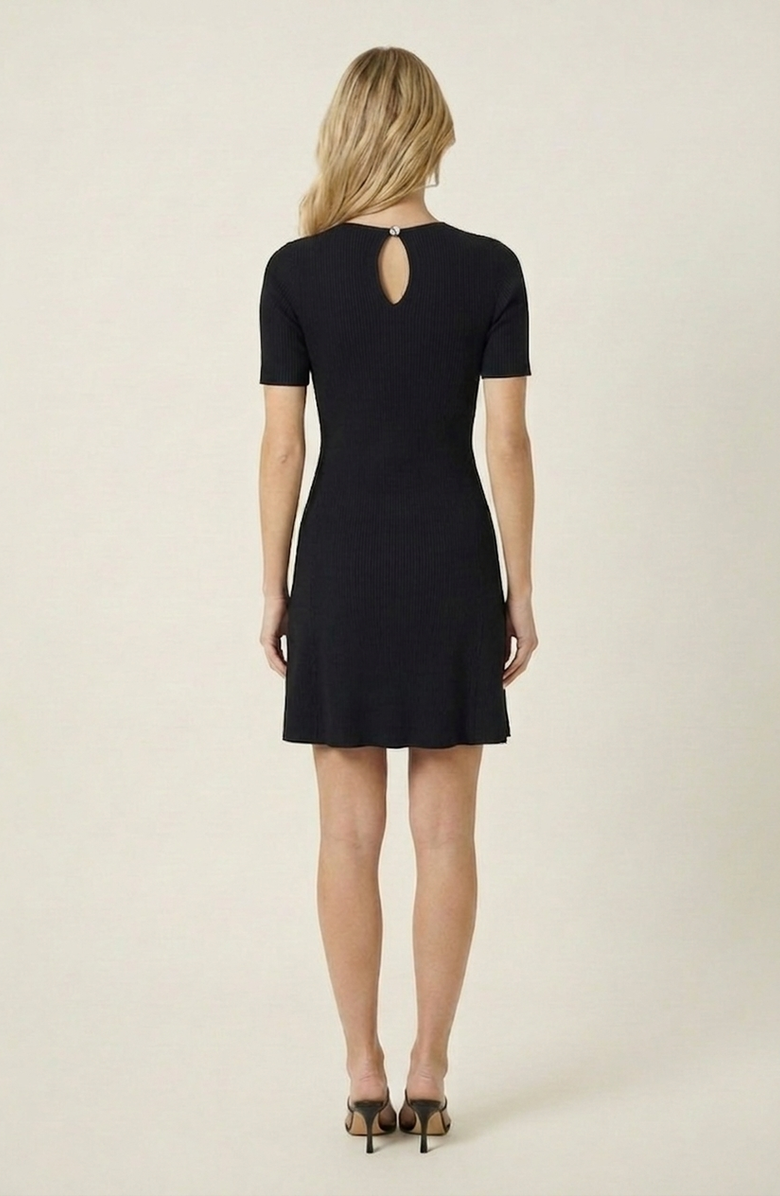 Modenaire Ribbed Knit Mini Dress with Stud Detail and Asymmetric Seam, Alternate, color, Black