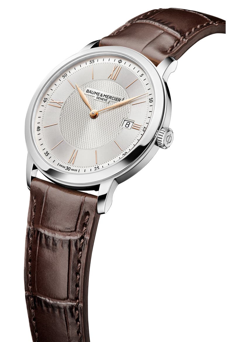 Classima Leather Strap Watch, 40mm, Alternate, color, SILVER