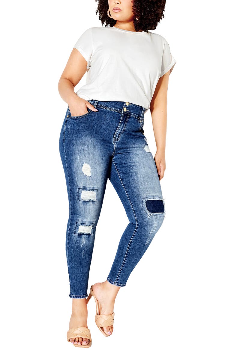 City Chic Patched Apple Skinny Jeans, Alternate, color, Denim Mid