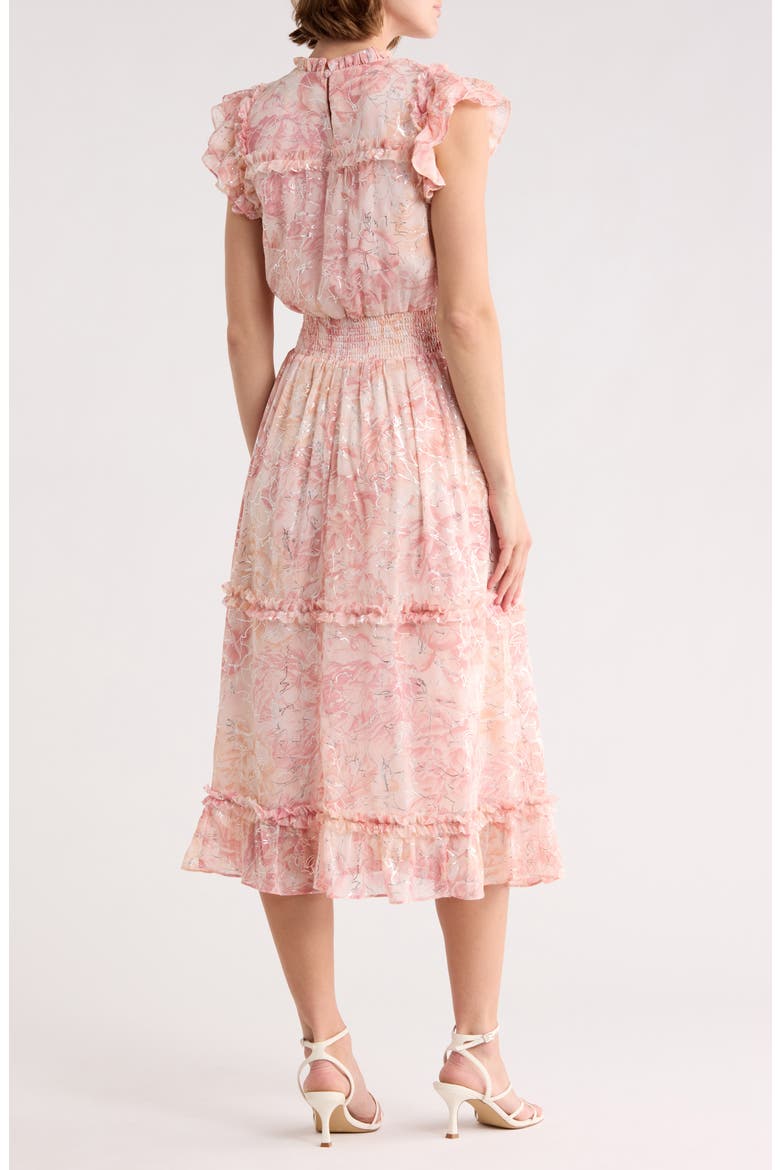 Floral Ruffle Sleeve Tiered Midi Dress, Alternate, color, SILVER BLUSH