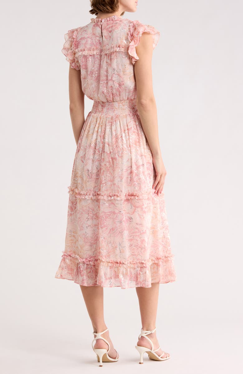 CeCe Floral Ruffle Sleeve Tiered Midi Dress, Alternate, color, Silver Blush