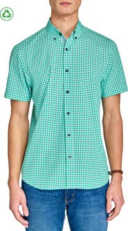 CONSTRUCT Slim Fit Mini Check Recycled 4-Way Stretch Performance Short Sleeve Shirt