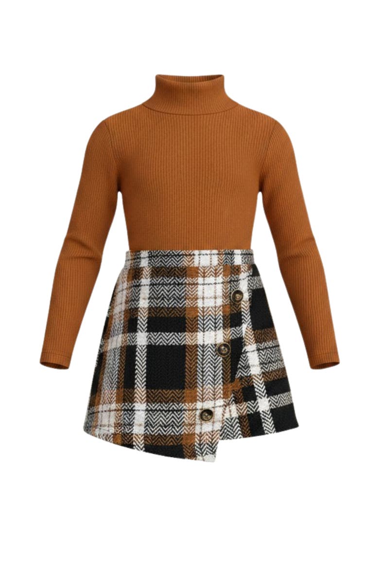 Rust Turtleneck Top and Plaid Skort Set, Main, color, Brown
