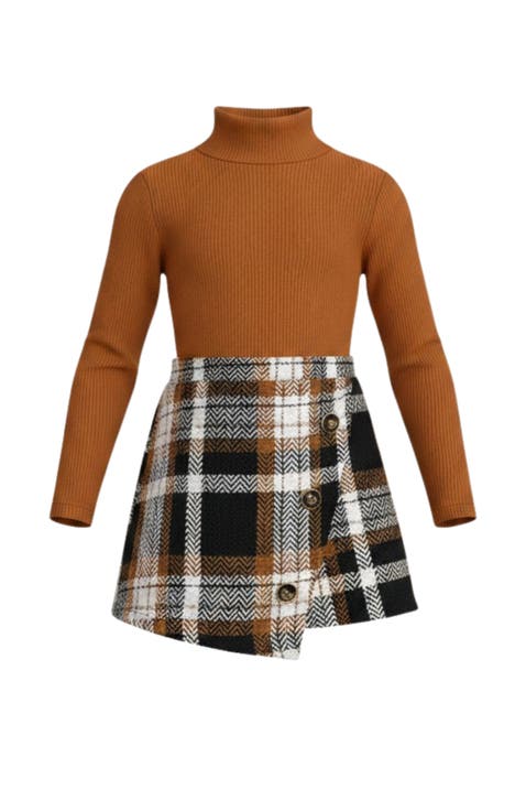 Rust Turtleneck Top and Plaid Skort Set