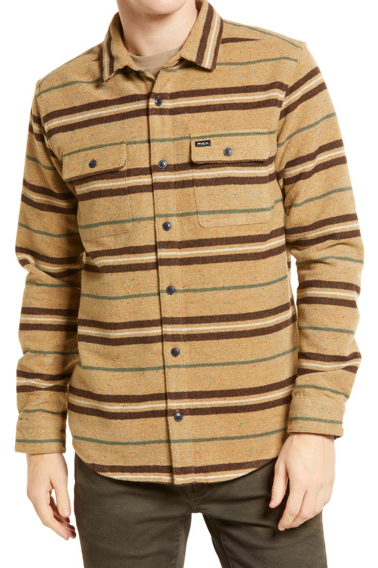 Blanket Stripe Flannel Button-Up Shirt, Alternate, color, DARK KHAKI