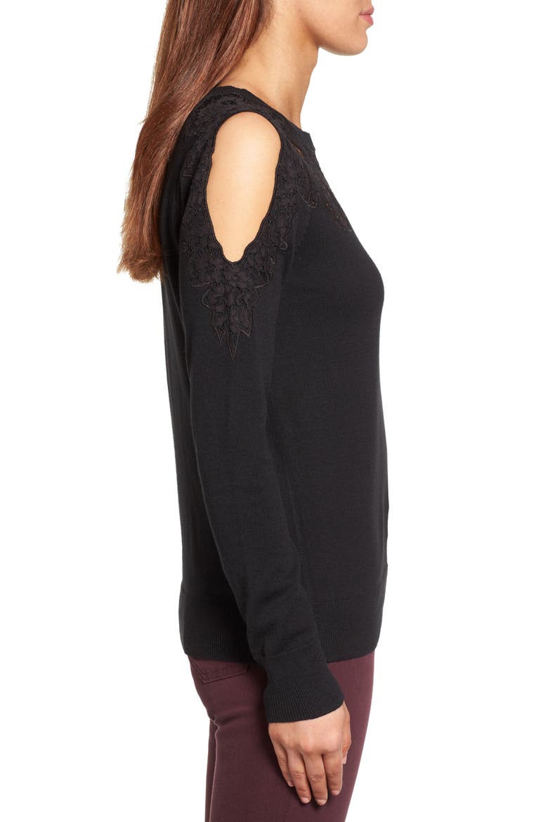 LACE DETAIL COLD SHOULDER SWEATER, Alternate, color, BLACK