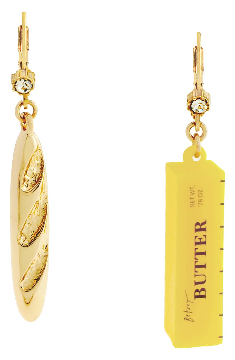 Betsey Johnson Bread 'n Butter Mismatched Leverback Earrings, Main, color,