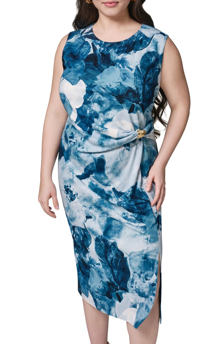 DONNA KARAN Floral Hardware Detail Midi Dress, Alternate, color, Nightfall Multi