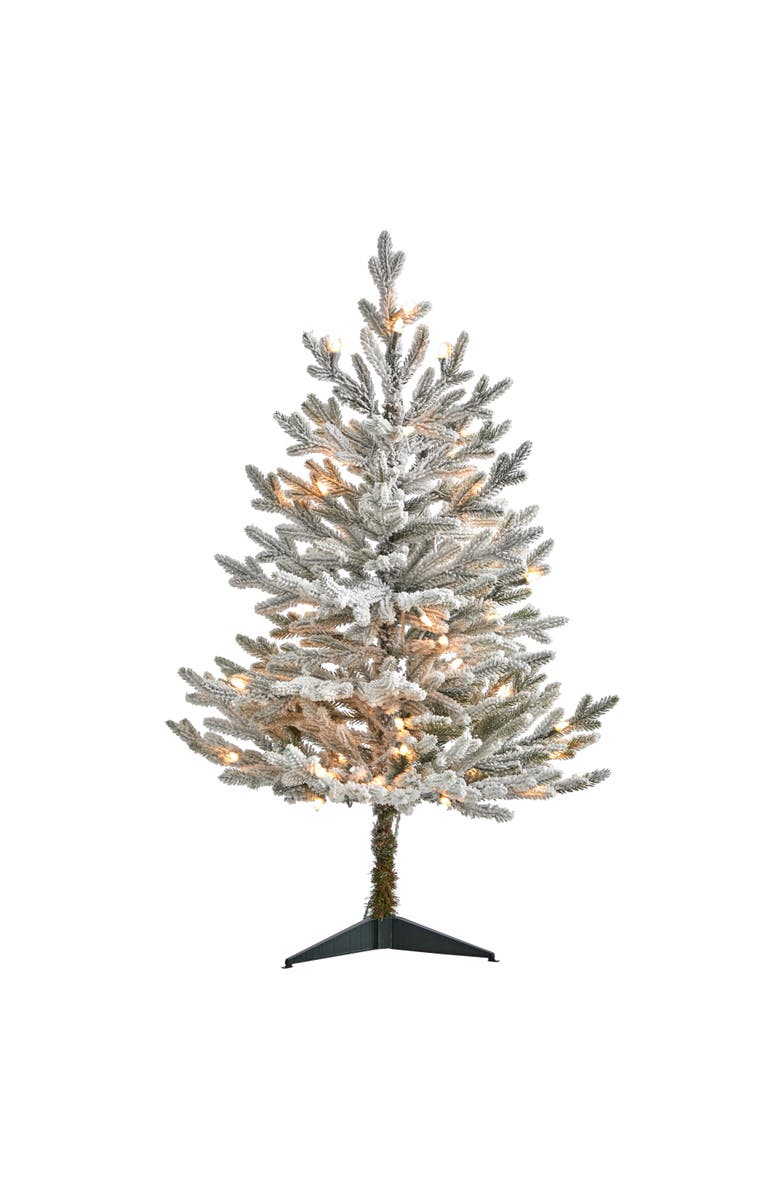 NEARLY NATURAL 3-ft Flocked Fraser Fir Artificial Christmas Tree with 200 Warm White Lights and 481 Bendable Branches, Main, color, White