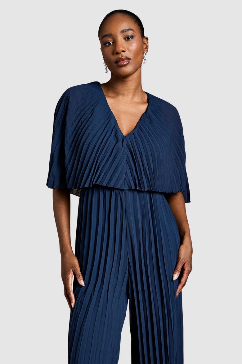 Pleated Wrap Front Georgette Jumpsuit, Alternate, color, Navy