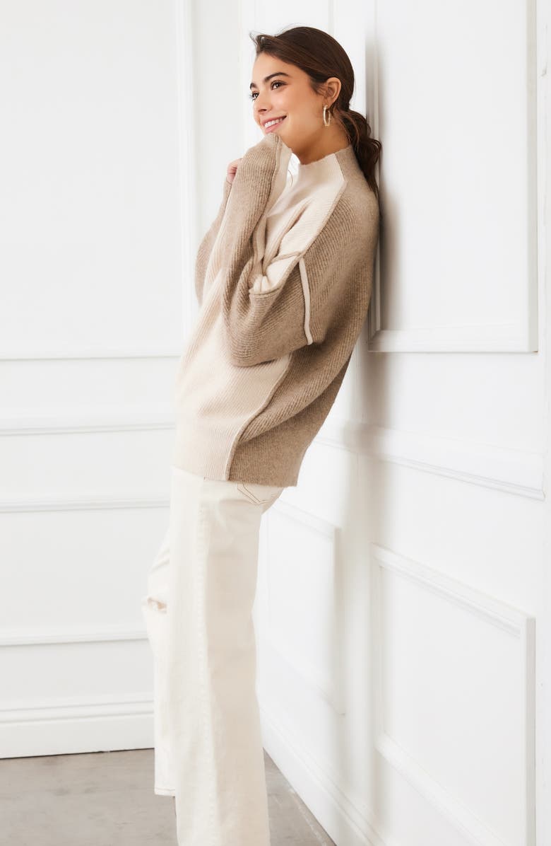 Karen Kane Colorblock Mock Neck Sweater, Alternate, color, Sand Beige/ Earth