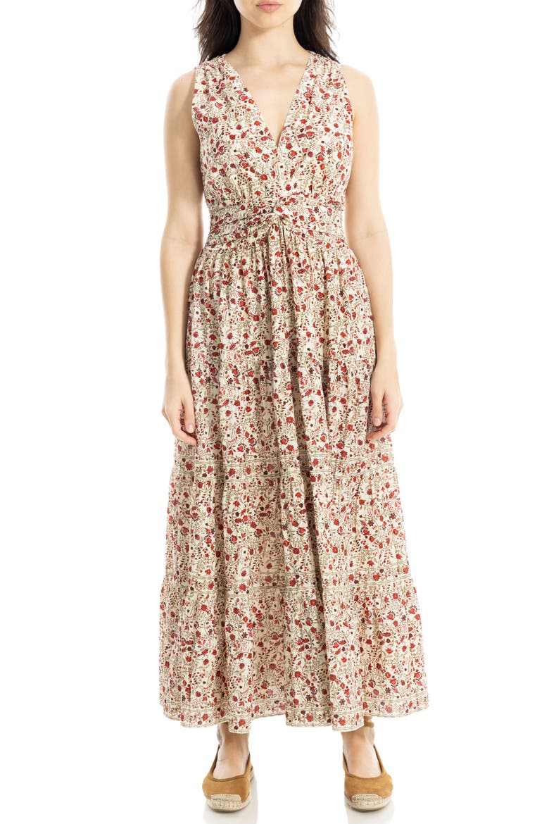 Floral Sleeveless Twist Front Cotton Blend Maxi Dress, Main, color, CREAM/ RED WHIMSICAL PETALS