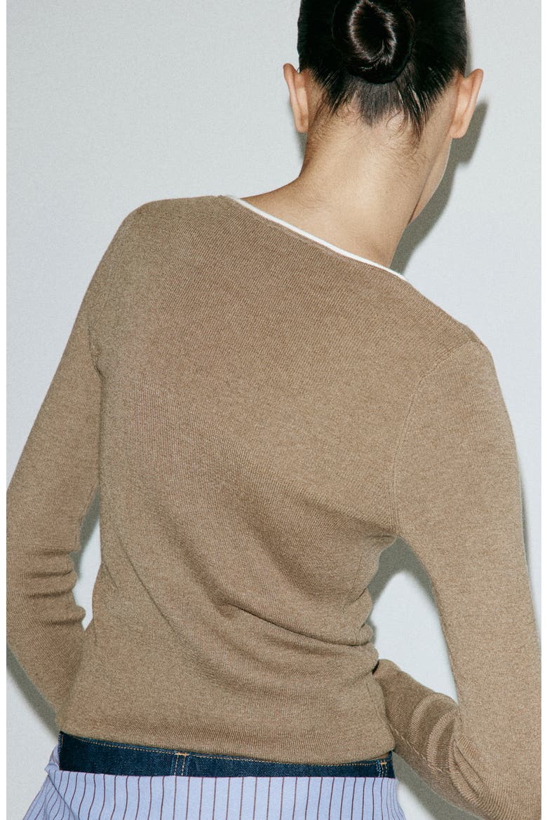 Contrast Trim Crewneck Sweater, Alternate, color, MEDIUM BROWN