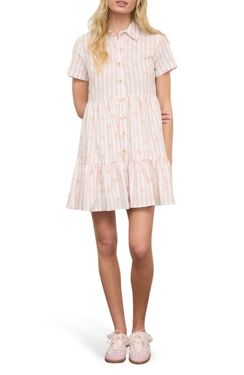 Floral Stripe Short Sleeve Cotton Shirtdress