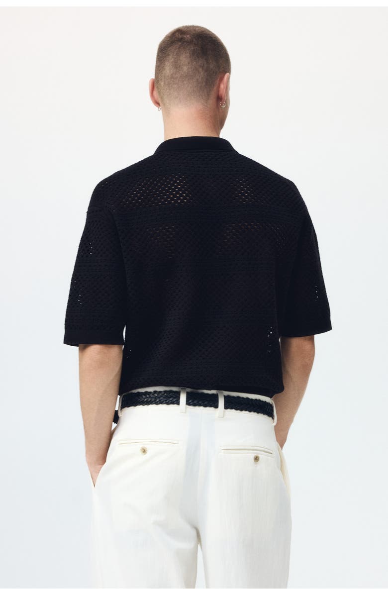 H&M Relaxed Fit Hole-knit Polo Shirt, Alternate, color, Black