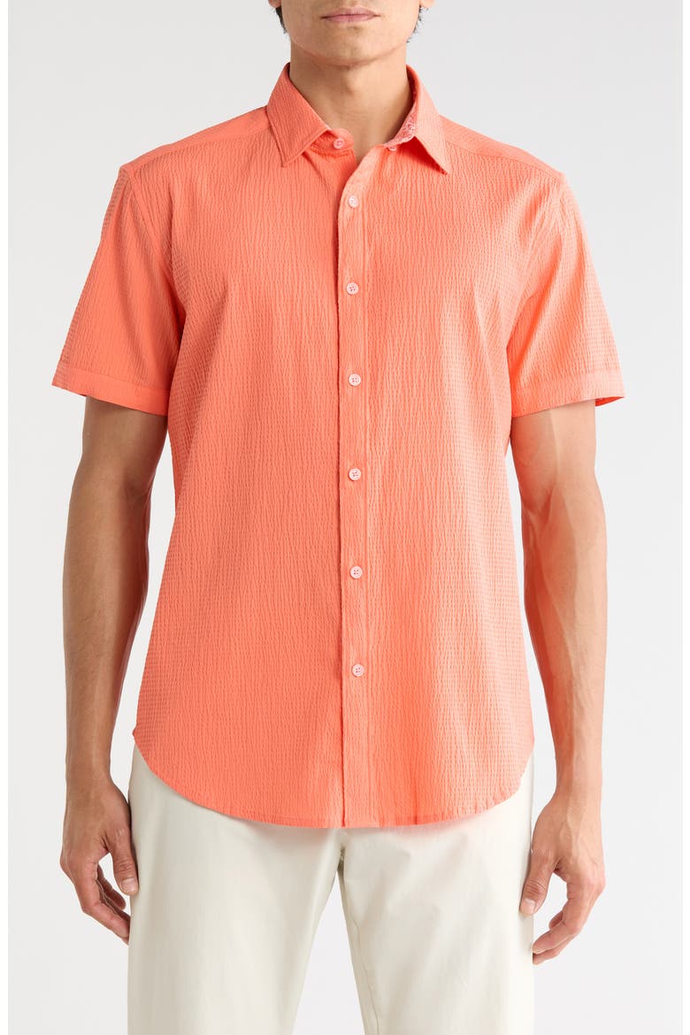 Harbor Short Sleeve Stretch Cotton Button-Up Shirt, Main, color, PEACH