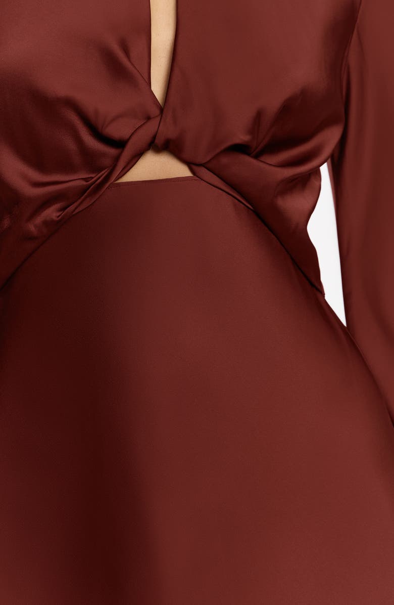 Significant Other Molly Cutout Twist Front Long Sleeve Satin Maxi Dress, Alternate, color, Carob