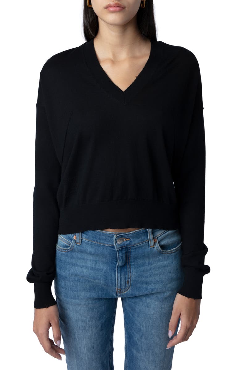 Zadig & Voltaire Happy Army Strass V-Neck Wool Sweater, Main, color, 