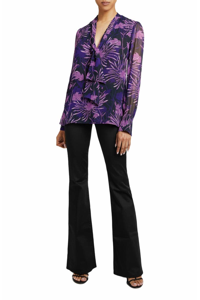 Francis Blouse with Neck Tie in Abstract Floral Crinkled Georgette, Alternate, color, COOL PURPLE