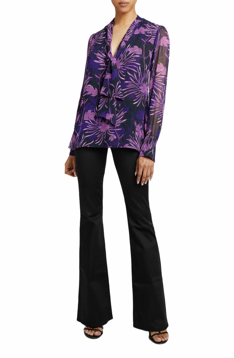 Santorelli Francis Blouse with Neck Tie in Abstract Floral Crinkled Georgette, Alternate, color, Cool Purple