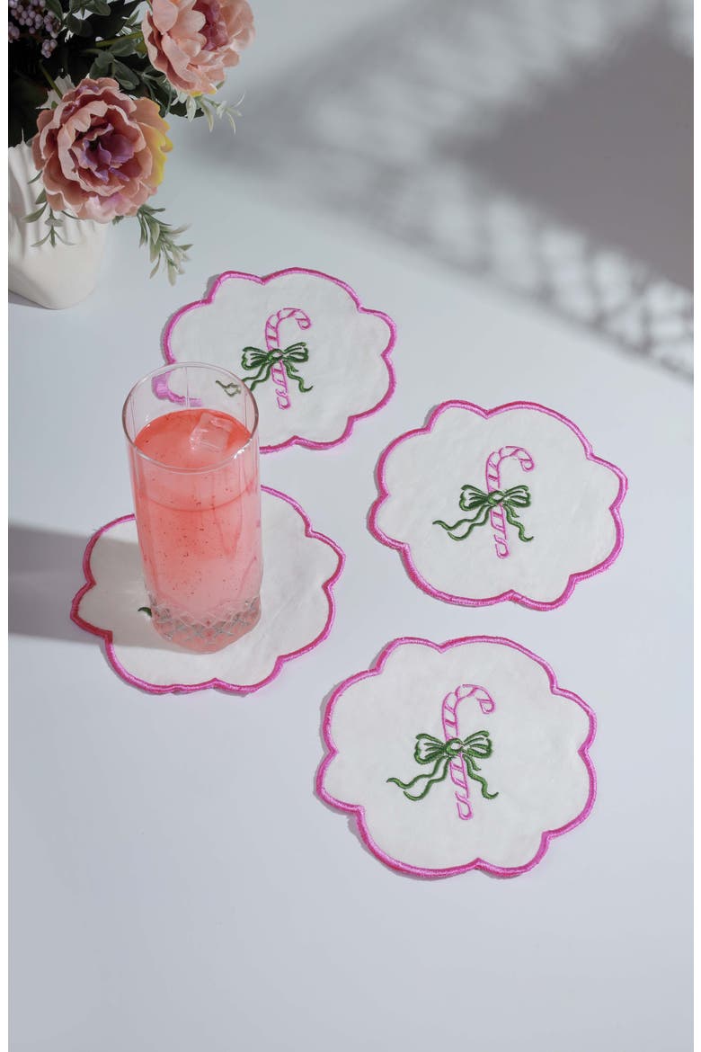 Set of 4 Embroidered Candy Cane Charm Linen Cocktail Napkins, Alternate, color, GREEN/ PINK